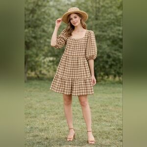 By The River Gingham Tiered Checkered Puff Sleeve Dress Small Cottage Core Fem